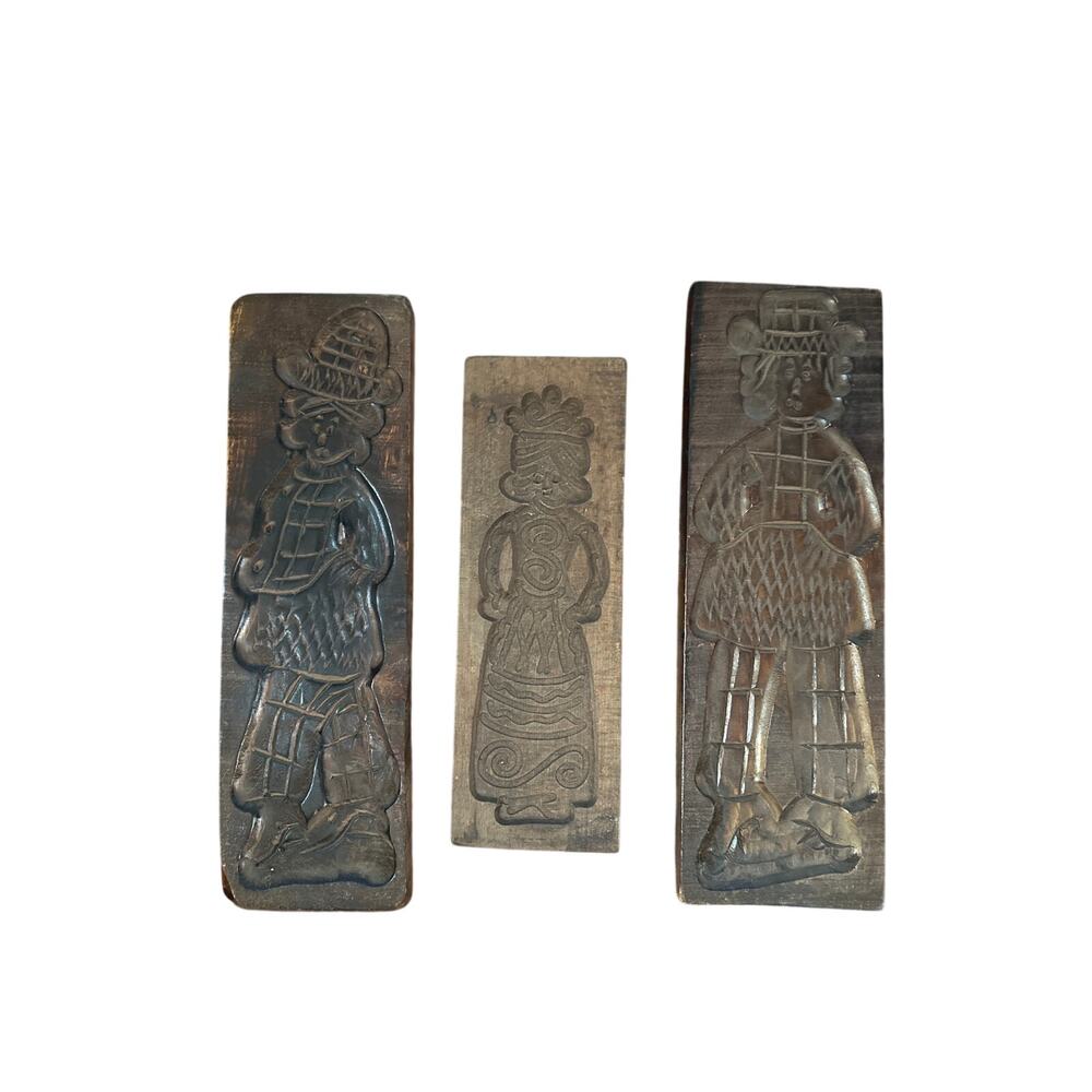 Set x3 Vintage Antique Dutch Wooden Carved Man Woman Decor Baking Speculaasplank